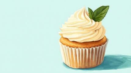 Delicious Vanilla Cupcake with Creamy Icing and Mint Leaf Decoration
