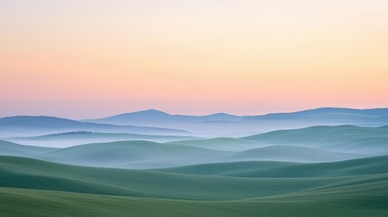 Serene Misty Hills Under Gentle Dawn Light in Soft Pastels