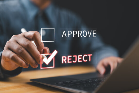 Businessman tick making rejecting digital decision in corporate workflow interface, featuring modern process control, technology driven validation tools, and efficient business workflow management.