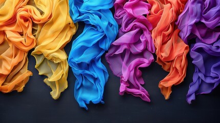 Obraz premium Colorful Textiles Featuring Vibrant Fabrics in Assorted Shades of Yellow, Blue, Purple, and Orange Displayed Against a Dark Background for Design Inspiration
