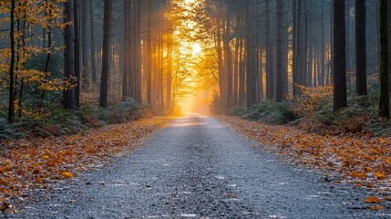 Fototapeta premium Sunlit Forest Path Autumnal Road Golden Hour