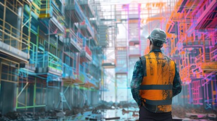 Concept of civil engineer standing and watching construction site