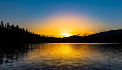 Obraz premium A stunning sunset over a calm lake with silhouettes of trees and mountains reflecting on the water.