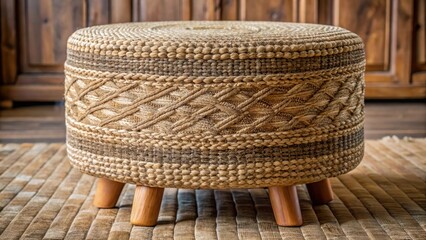 Obraz premium Cozy ottoman made of natural jute fabric with intricate woven pattern and earthy tones, perfect for adding texture to a living room or bedroom decor, woven jute, natural fiber