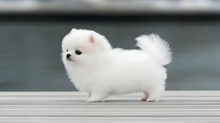 Fototapeta premium A Tiny White Fluffy Puppy Stands Adorably on a Wooden Deck