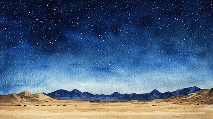 Serene Night Sky Over Desert Landscape with Stars in Watercolor Style
