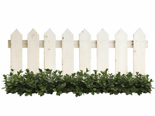 White Picket Fence Stands Tall with Lush Green Bushes in the Foreground