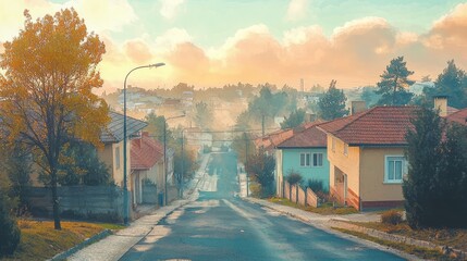 Serene Morning Landscape of a Quiet Neighborhood with Misty Hills