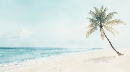 Fototapeta premium Serene Tropical Beach Scene with Palm Tree and Calm Ocean Waves