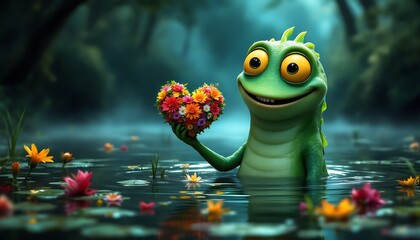 Cute Frog Holding Heart Shaped Flowers in Pond