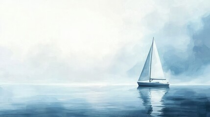 Fototapeta premium Serenity of a Sailboat Gliding on Calm Blue Water at Dawn
