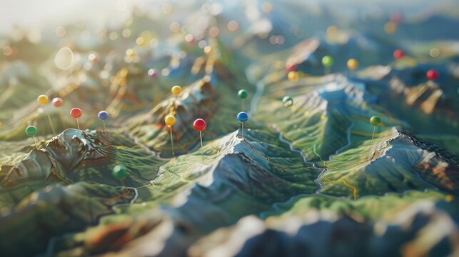 The pin on the geography map curves like a mountain. Pinning a location on a map with mountains, adventure, geography, mountaineering, hiking.