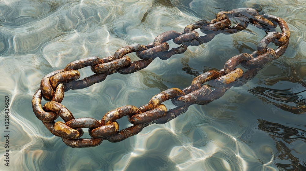 Poster rusty chain partially submerged in clear water with ripples distorting its reflection at serene outd