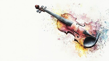 Fototapeta premium Elegant Violin with Colorful Watercolor Splashes on Canvas Background