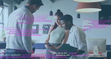 Image of data processing over diverse colleagues discussing work in office