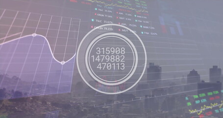 Image of financial data processing over cityscape