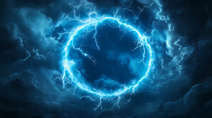 Obraz premium Electricity and lightning create a blue circle in dark sky. Thunder Arch. Illustration