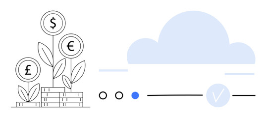 Plants with currency symbols on leaves growing from money stacks alongside a cloud, progress indicators, and a check mark. Ideal for finance, investment, banking, growth, technology, cloud storage