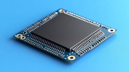 Silicon microchips on a circuit board represent the US-China tech rivalry highlighting global innovation competition with a minimalistic and modern design in bright tone and blurred background

