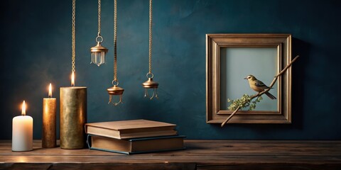 A golden picture frame with an illustrated bird suspended from a chain hangs above a wooden desk in a dimly lit dark blue room filled with books and candles, decorative accessories, interior design
