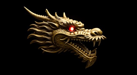 Fierce Golden Dragon Head Statue with Red Eyes