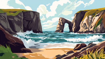Fototapeta premium Mysterious rocky beach cove with crashing waves and towering cliffs. Thunder Arch. Illustration