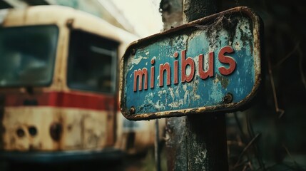 Close-up View of a Weathered Minibus Sign with Vintage Vehicle in Background Depicting Nostalgia and Urban Decay in a Rustic Setting
