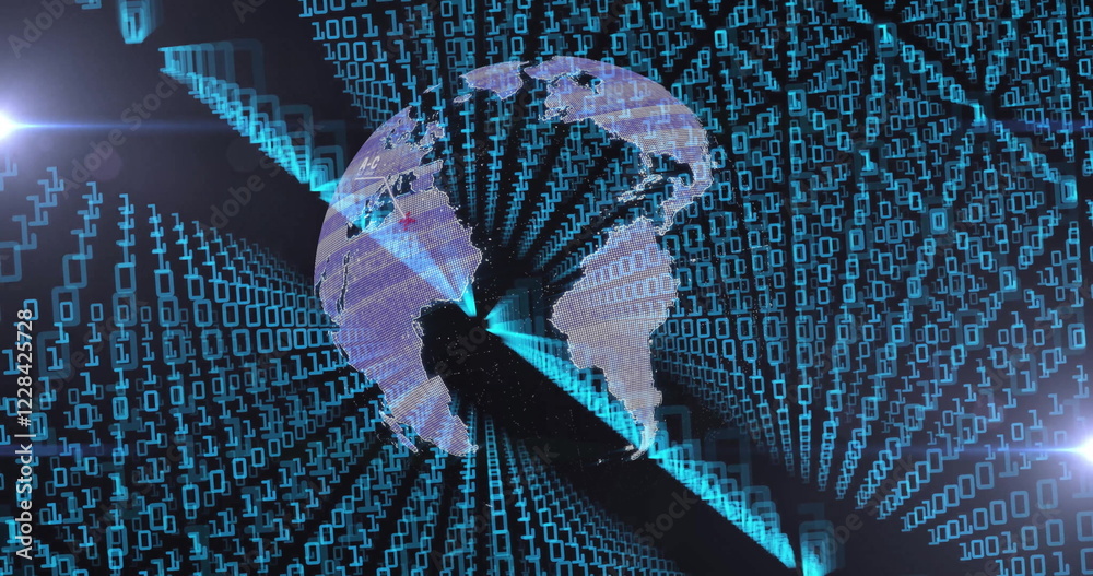 Poster image of spinning globe and travel icons over binary coding