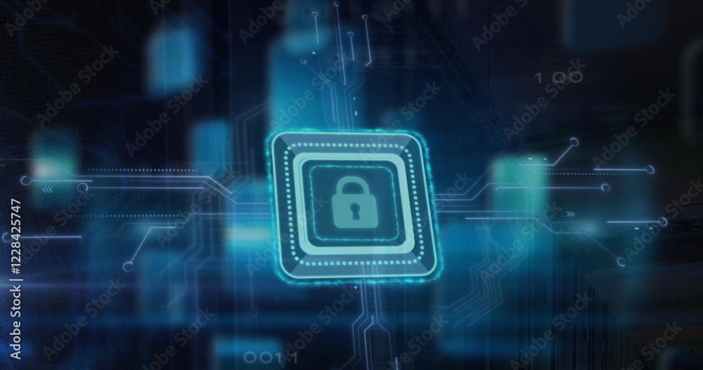 Poster image of padlock icon and digital data processing over computer circuit board