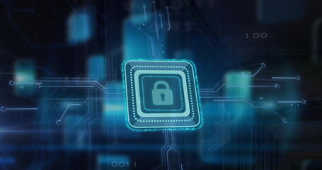 Image of padlock icon and digital data processing over computer circuit board