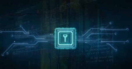 Image of key icon and digital data processing over computer circuit board