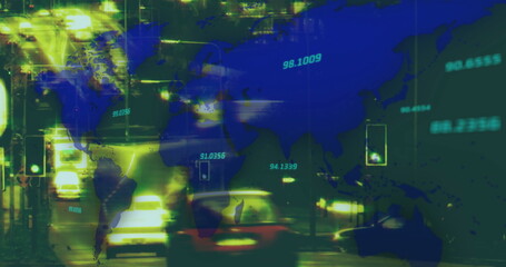 Fototapeta premium Image of world map and data processing over busy city