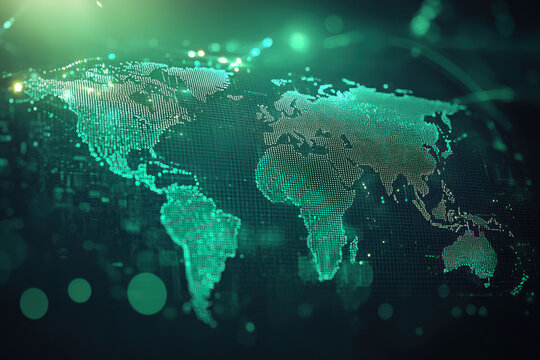 Fototapeta A global business theme featuring digital world map in green tones, showcasing connectivity and technology
