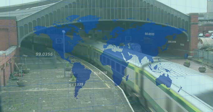 Image of world map and data processing over train station - Powered by Adobe
