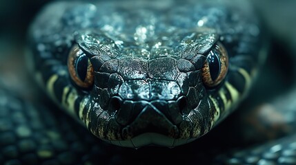 Fototapeta premium Detailed close-up shot of snake's head, highlighting scales and amber eyes