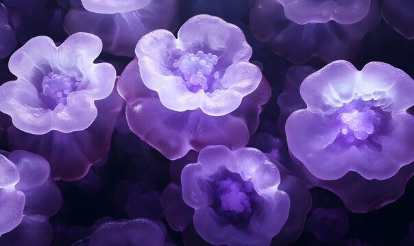 Glowing purple flowers, dark background, digital art, website header