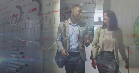 Image of financial data processing over diverse colleagues discussing work in office