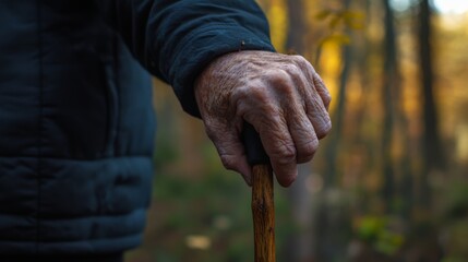 Wrinkled hands gripping walking stick with blurred forest