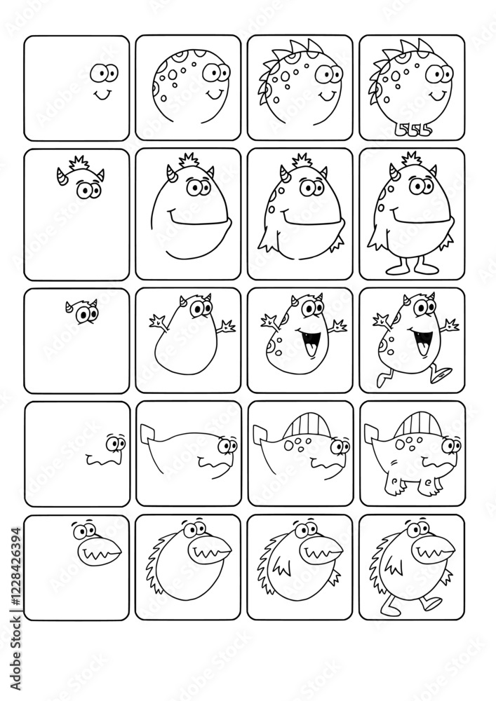 Aufkleber how to draw monsters and aliens workbook page vector illustration art