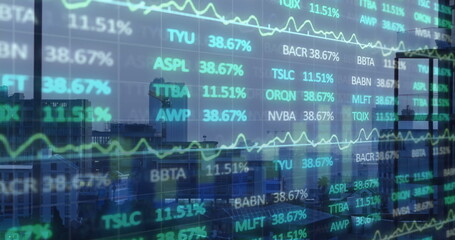 Image of diagrams and data processing over cityscape