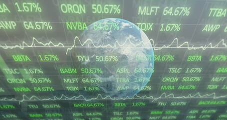 Image of diagrams and data processing over globe