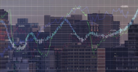 Image of diagrams and data processing over cityscape
