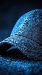 Closeup of Blue Denim Baseball Cap on Dark Blue Fabric Background