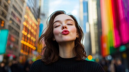 Fototapeta premium Woman blowing a kiss with vibrant cityscape background