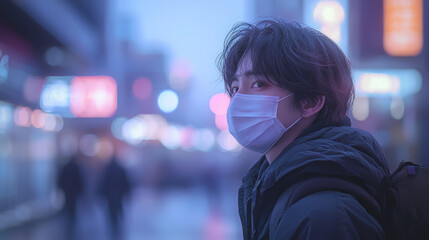 A masked person in casual wear stands in hazy cityscape, exuding neutral expression amidst blurred buildings