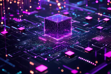 Obraz premium A vibrant digital circuit board with glowing cube at center, symbolizing technology and innovation