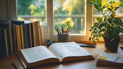 Fototapeta premium Cozy Study Space with Open Book, Green Plant, and Shelved Books