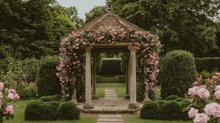 Fototapeta premium Charming Garden Pavilion Surrounded by Lush Greenery and Roses