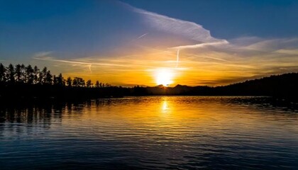 Naklejka premium A stunning sunset over a calm lake with silhouettes of trees and mountains reflecting on the water.