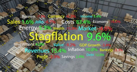 Image of business text and data processing over warehouse